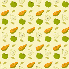 Fruits seamless pattern background illustration. Apple, papaya, pear and leaf