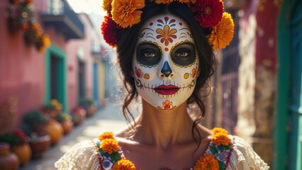 A beautiful woman with sugar skull makeup celebrates Dia de los Muertos in a colorful street.