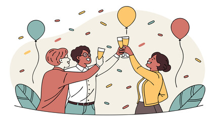 Group of people celebrating with champagne and balloons amidst confetti in a festive atmosphere scene