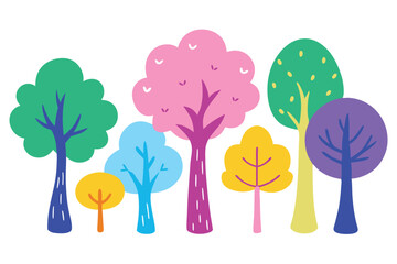 Fototapeta premium Colorful Cartoon Trees Illustration Green, Pink, Blue, Yellow, and Purple Forest