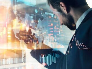 Professional evaluates fluctuating financial trends on high-tech screen with worldwide economic data behind.