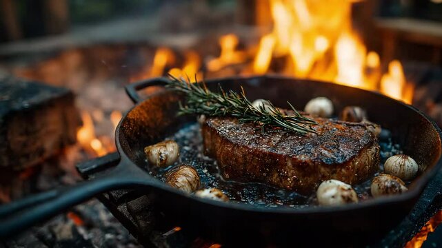 Grilled steak with rosemary and garlic