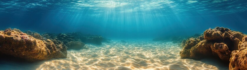 Underwater seascape showing sunlight filtering through clear blue water onto a sandy ocean floor with rocks on each side.