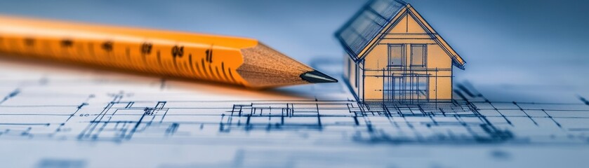 A close-up of a pencil and a small house model placed on architectural blueprints, symbolizing home design and construction planning.