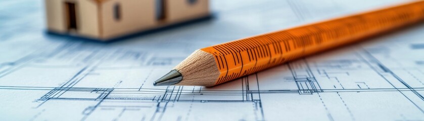 A close-up of an orange carpenter"s pencil resting on architectural blueprints with a small wooden house model blurred in the background.