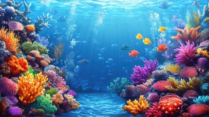Vibrant underwater coral reef teeming with colorful fish and diverse marine life in clear blue ocean water.
