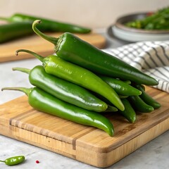 Fresh green jalapeno peppers piled on a wooden cutting board for culinary applications