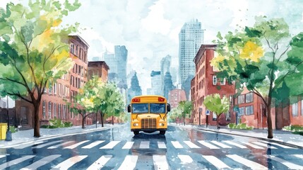 Obraz premium A watercolor painting of a yellow school bus crossing an urban street lined with trees and brick buildings, with skyscrapers in the distant background.