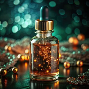 Golden elixir in glass dropper bottle