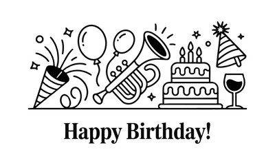 Vector illustration in a minimalist black and white and color happy birthday line art, themed around party and celebration elements. easily editable.