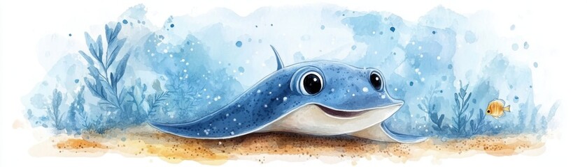 Fototapeta premium A cute, smiling blue stingray swims near the ocean floor with plants and a small fish in a watercolor style.