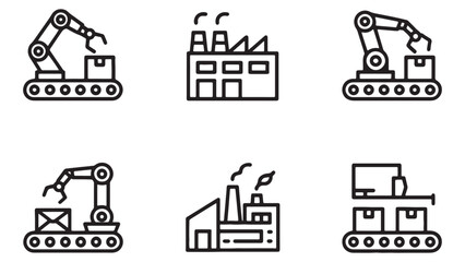 Industrial Automation Icons Vector Set of Factory, Robotics, and Logistics Symbols