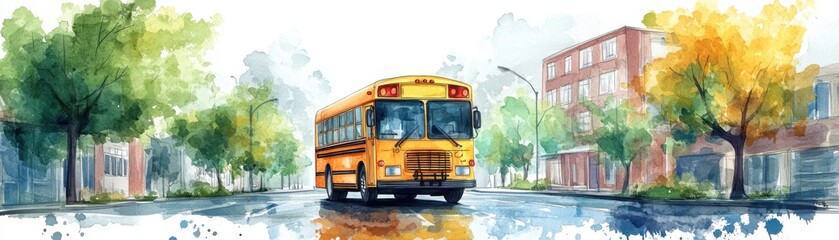 A watercolor-style illustration of a yellow school bus driving down a tree-lined urban street with buildings and colorful autumn foliage.