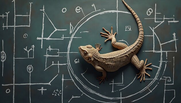 A lizard rests atop a chalkboard covered in white chalk drawings of diagrams and geometric shapes.