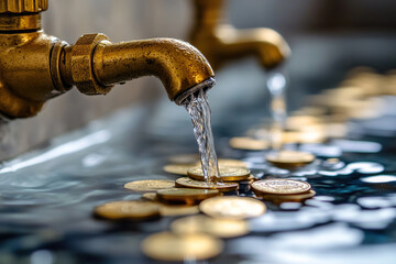 Water flows from the tap onto gold coins. The concept of increasing utility bills. Saving natural resources.