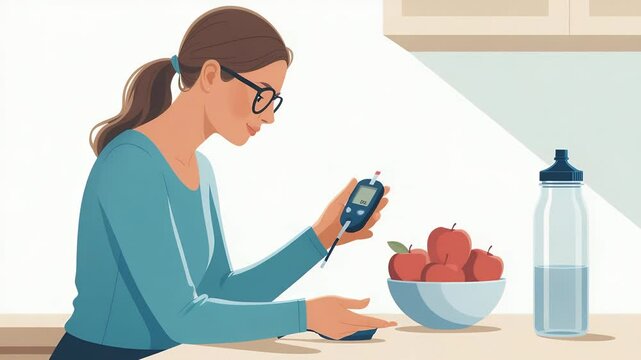 Managing Diabetes with Awareness: A serene woman meticulously monitors her glucose levels with a blood sugar meter, embracing proactive diabetes management in a bright kitchen setting.
