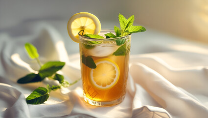 Refreshing Iced Tea with Lemon and Mint on Satin Cloth.

