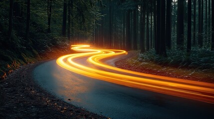 Dramatic orange light trails from a car on a curved forest road at sunset with a motion blur effect. 
