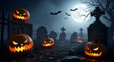 Halloween, Graveyard, Cemetery, Spooky Halloween Night in a Graveyard with Jack-o'-lanterns