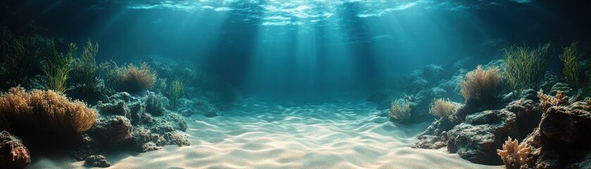 Underwater ocean scene with sunlight filtering through water, illuminating sandy seabed and coral reefs on both sides.