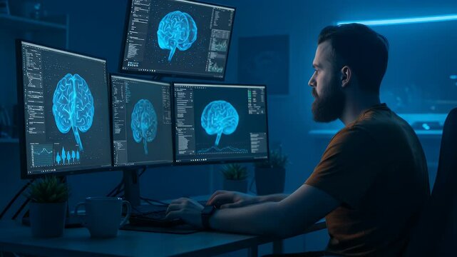 Focused developer working late at night on brain-related software