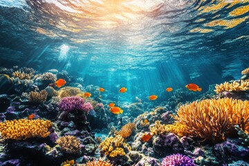 Vibrant underwater coral reef with colorful fish swimming amidst sunlight filtering through clear blue ocean water.