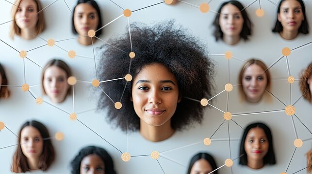 Diverse people connected by dots illustrating community interconnectedness and global networks. 