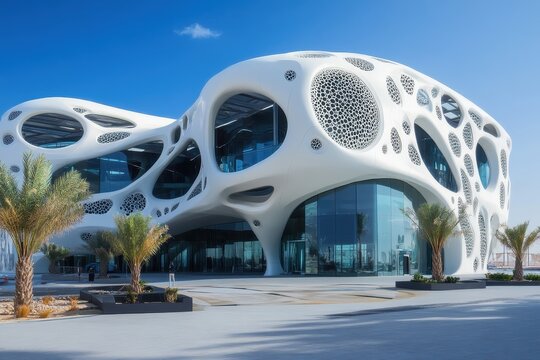 Fototapeta Modern architecture showcases unique building designs in Abu Dhabi, UAE, Modern buildings facades in Abu Dhabi in UAE