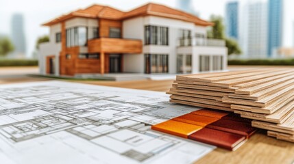A detailed architectural blueprint with a wooden house model and wood samples, showcasing home design and construction planning.