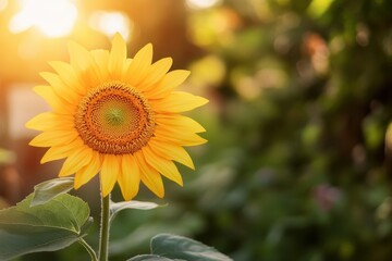Fototapeta premium Bright sunflower blooming in sunlit garden with lush green leaves and blue sky, Sunflower in sunlit garden with green leaves and blurred background