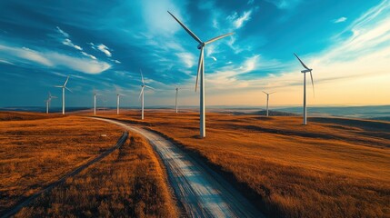 Wind turbines line a rural dirt road, generating clean energy under a vibrant sky at sunset.