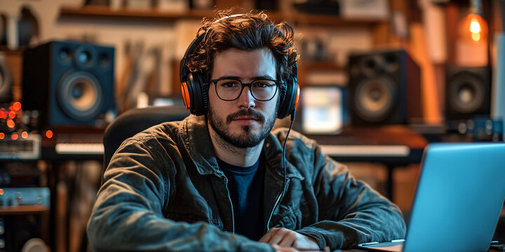A young male music producer sits in his home studio, wearing headphones and working on his laptop. - Powered by Adobe