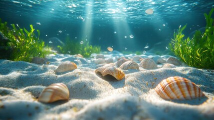Underwater view of seashells scattered on sandy ocean floor with sunlight filtering through clear water and aquatic plants in the background.