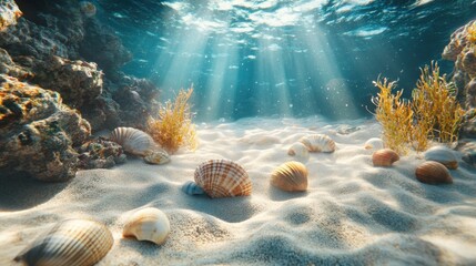 Sunlight filters through clear water, illuminating seashells and seaweed on a sandy ocean floor.
