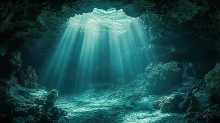 Sunlight streams through an underwater cave opening, illuminating the rocky cavern floor and creating a mystical, serene atmosphere beneath the surface.
