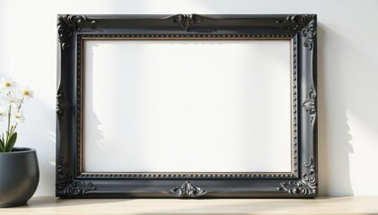 Classic black photo frame against bright white backdrop ,  design,  gallery,  photo frame