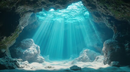 Sunlight pierces through the water"s surface, illuminating an underwater cave with rocky formations and a serene, blue ambiance.