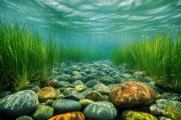 Underwater view of a clear freshwater stream with smooth stones and green aquatic plants swaying gently in the current.