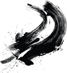 Dynamic Black Ink Brush Stroke Expressive Abstract Swoosh with Splatter Detailing on White Background for Artistic Design Use