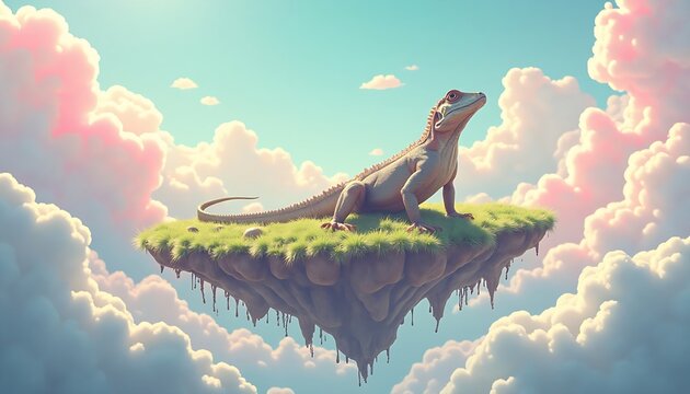 A majestic lizard basks on a floating island amidst fluffy clouds in the sky.