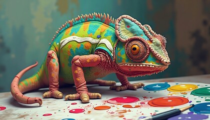 Obraz premium A colorful chameleon stands on a surface with spilled paint, seemingly having been painting with a pencil.