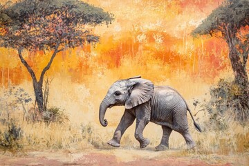 Fototapeta premium Baby elephant exploring the savanna during a vibrant sunset, Baby elephant walking in the savanna