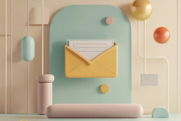Cute mail notification with minimal cartoony render highlighting vibrant colors, Mail notification Minimal cartoony 3D render