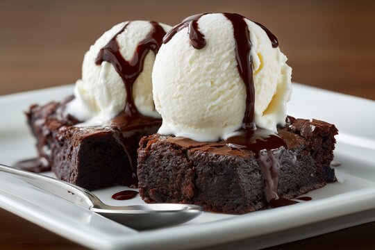 Two rich chocolate brownies on white plate topped with creamy vanilla ice cream scoop, drizzled with glossy chocolate sauce, spoon beside, showcasing indulgent dessert, texture contrast, and culinary