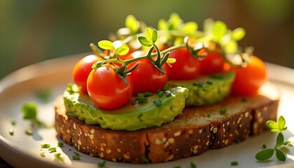 Close-up of a healthy avocado toast topped with cherry tomatoes and herbs.