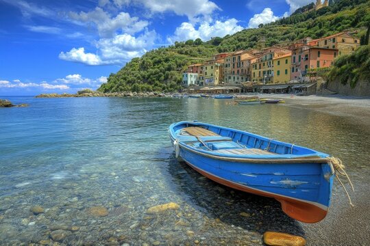 Explore the charm of Perinaldo with its vibrant boats and picturesque coastal landscape, View of Perinaldo in the Province of Imperia, Liguria, Italy