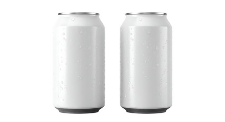 Two blank white aluminum cans with condensation on a black background mockup