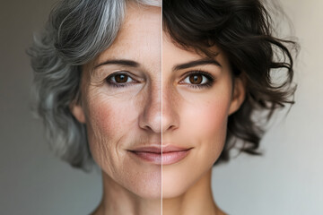A portrait split a woman showing old and youth age. Two parts of the life aging human comparison two halves. Generative AI.