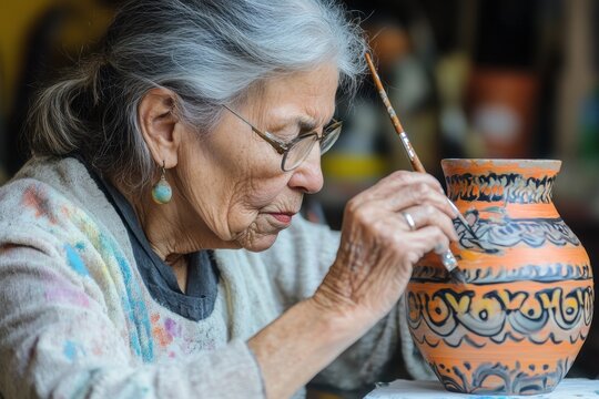 Senior artist focuses on painting a decorative wax vase in his studio during the afternoon hours, Senior artist, concentrated painting a decorative wax vase in his studio during the afternoon hours,