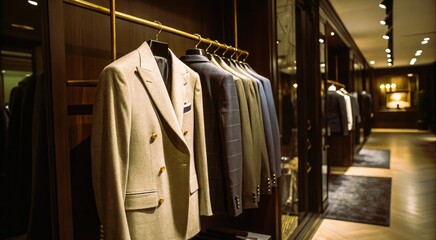 Luxury men s suits on display in upscale store